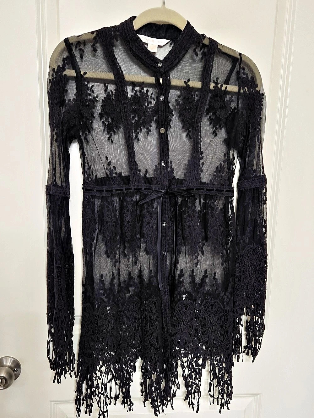Boston Proper Black Lace Fringe Tunic Size Small Like New